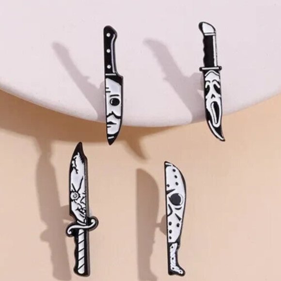 Halloween Horror Knife Pin Set of 4 Jason Vorhees Michael Myers Ghostface Chucky - Picture 1 of 2